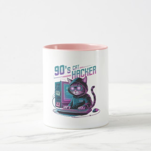 Caneca Vibrante Retro 90s Cat Hacker Mug (Centro)