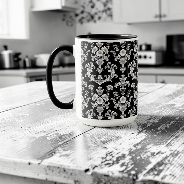 Caneca Victorian Black and White Damask Pattern (Criador carregado)