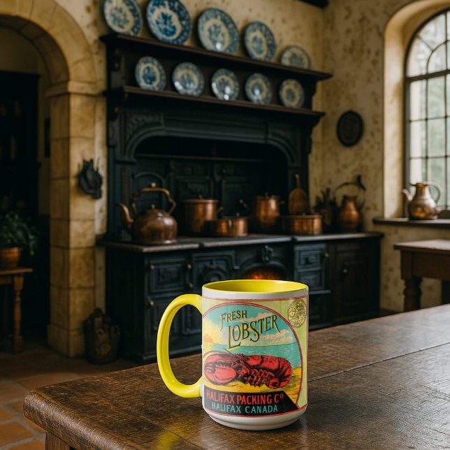 Caneca Victorian Era Halifax Canada Canned Lobster Label (Criador carregado)