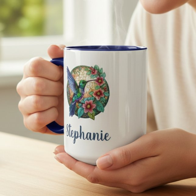 Caneca Vidro Manchado de Beija-flor – Presente Floral Vib (Stained glass personalized hummingbird floral coffee mug)