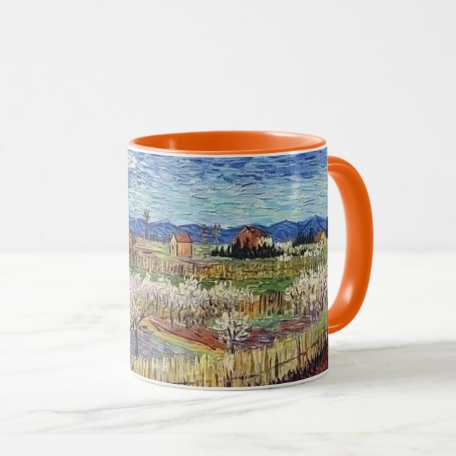 Caneca Vincent Van Gogh - Árvores de Pêssego em Flor Arte (Frente Esquerda)