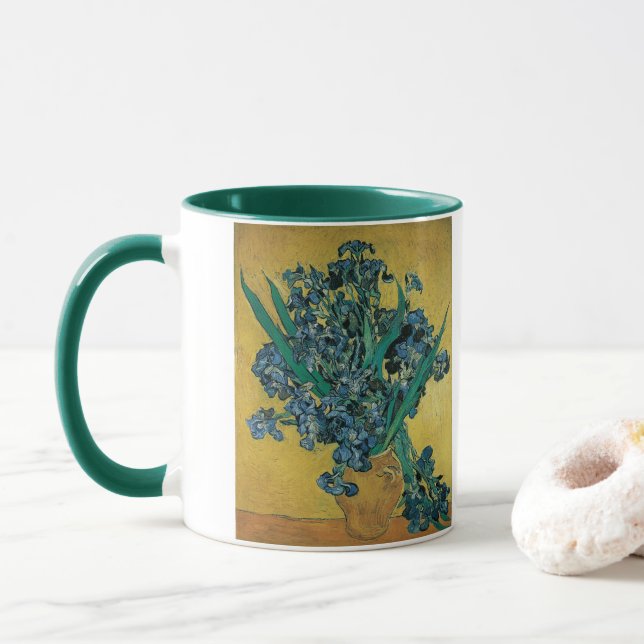 Caneca Vincent van Gogh - Vaso com Íris Fundo Amarelo (Com Donut)
