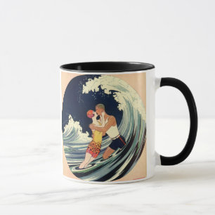 Caneca Vintage Art Deco lança beijo nas ondas na praia