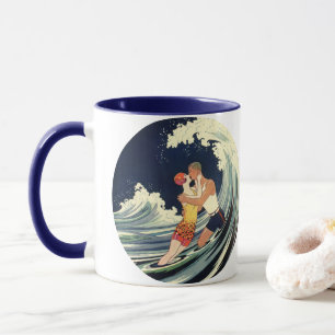 Caneca Vintage Art Deco lança beijo nas ondas na praia