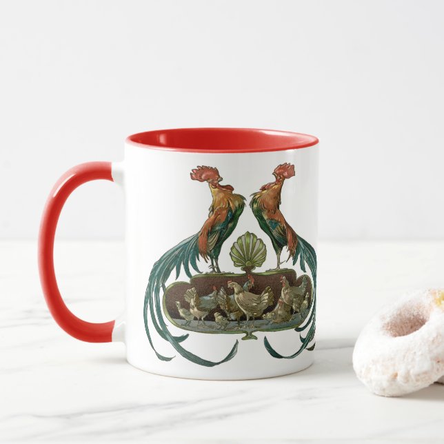 Caneca Vintage Art Nouveau Chickens and Roosters (Com Donut)
