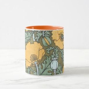 Caneca Vintage Art Nouveau, Flores de Papoila no Jardim