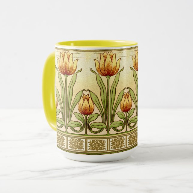 Caneca Vintage Art Nouveau Tulip Flower Pattern Frieze (Frente Esquerda)