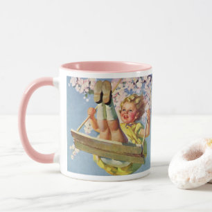 Caneca Vintage Balanço, Menina Balançando em uma Árvore B
