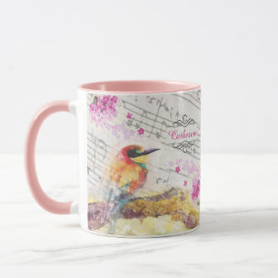 Caneca Vintage bird on tree rosa flower decoupage