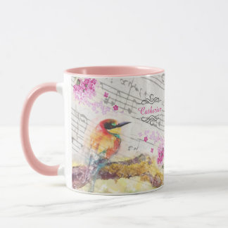 Caneca Vintage bird on tree rosa flower decoupage