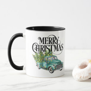 Caneca Vintage Blue Truck Árvore de Natal Retro Gift Mug