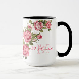 Caneca Vintage blush roses rosa Nome das pessoas, monogra