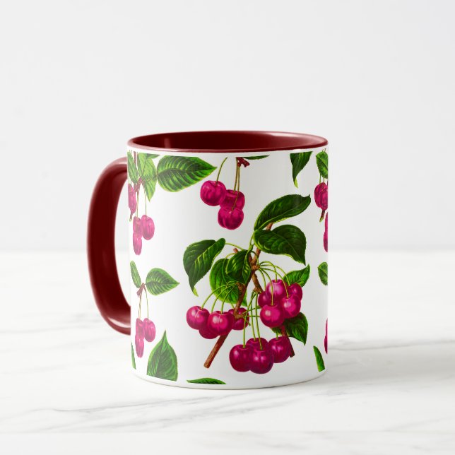 Caneca Vintage Botanical Fuchsia Pink Cherries Impressão (Frente Esquerda)