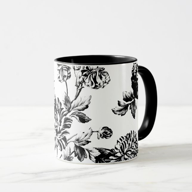 Caneca Vintage branco preto Toile floral botânico (Frente Esquerda)