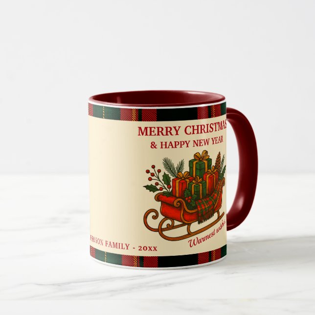 Caneca Vintage Christmas Sleigh with Gifts and Plaid  (Frente Esquerda)