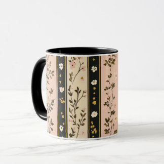 Caneca Vintage Cottagecore Pink Gold Black Stripe Floral