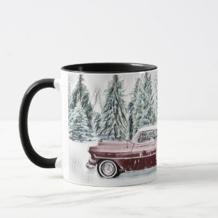Caneca Vintage Desenho de um Carro Vermelho e Árvores de