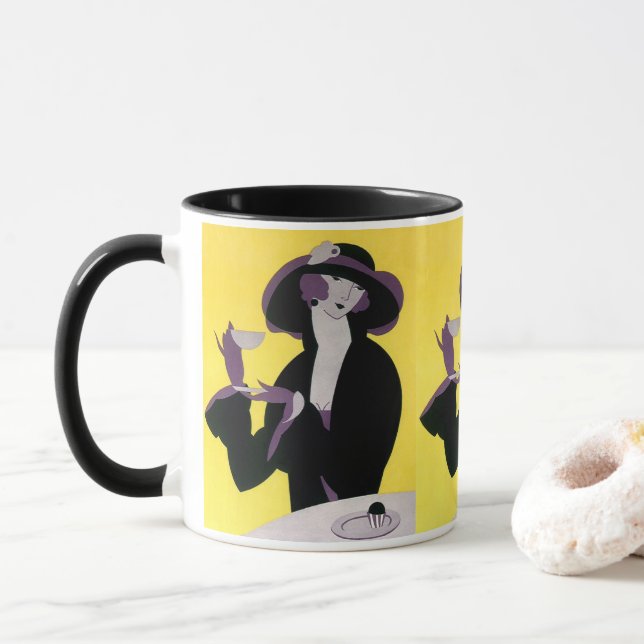 Caneca Vintage Elegante Bebendo de Mulher Tarde Partido T (Com Donut)