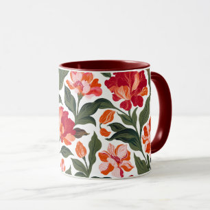 Caneca Vintage Elegante Vermelho & Coral Padrão Floral Pr