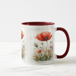 Caneca Vintage Farmhouse Decor Red Poppy Garden Flor