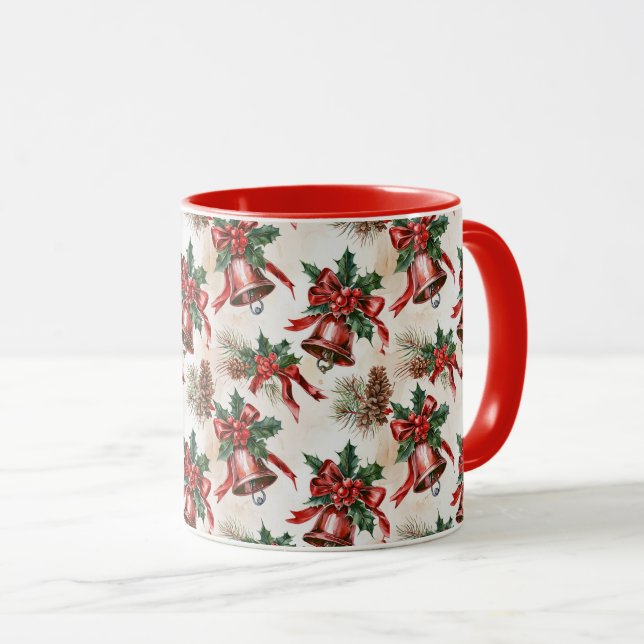 Caneca Vintage Festive Christmas Bells Holly Mug Gift (Frente Esquerda)