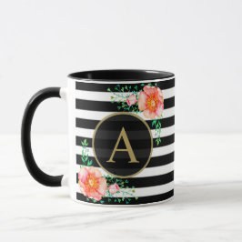Caneca Vintage Floral Dourado Monograma Preto, Branco