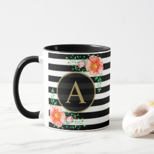 Caneca Vintage Floral Dourado Monograma Preto, Branco