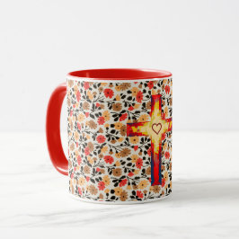 Caneca Vintage Floral Faith Cross e Heart Mug Cup