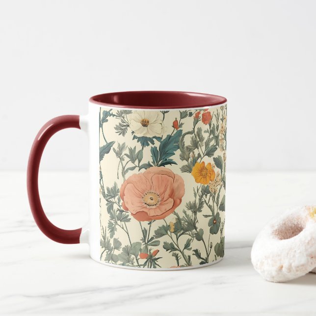 Caneca Vintage Floral Selvagens E Poppies (Com Donut)