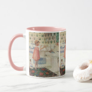 Caneca Vintage Girl, Criança Fazendo Roupas De Banheira