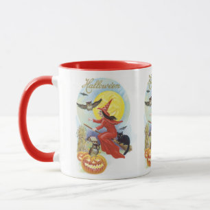 Caneca Vintage Halloween, Bruxa Voadora com um Gato Negro
