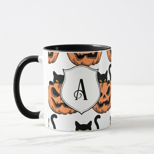 Caneca Vintage Halloween Cat Spooky Patterno Personalizad (Esquerda)