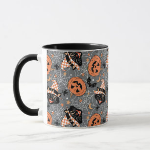 Caneca Vintage Halloween Cats e Pumpkins Patterno