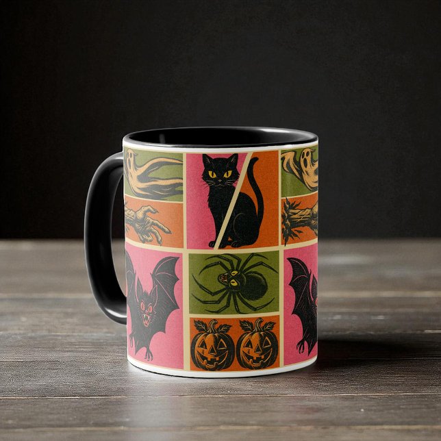 Caneca Vintage Halloween Pattern (Retro Halloween mug with black cats, bats, pumpkins, ghosts, spiders, and creepy hands in bold color)