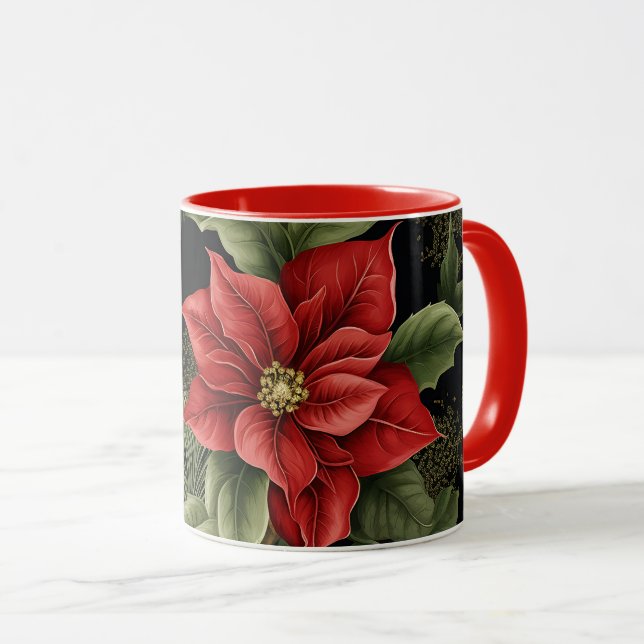 Caneca Vintage Poinsettia Patterna Natal (Frente Esquerda)