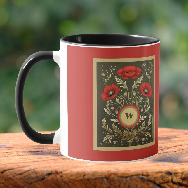 Caneca Vintage Poppies Gold Red Art Nouveau Monogram (Criador carregado)