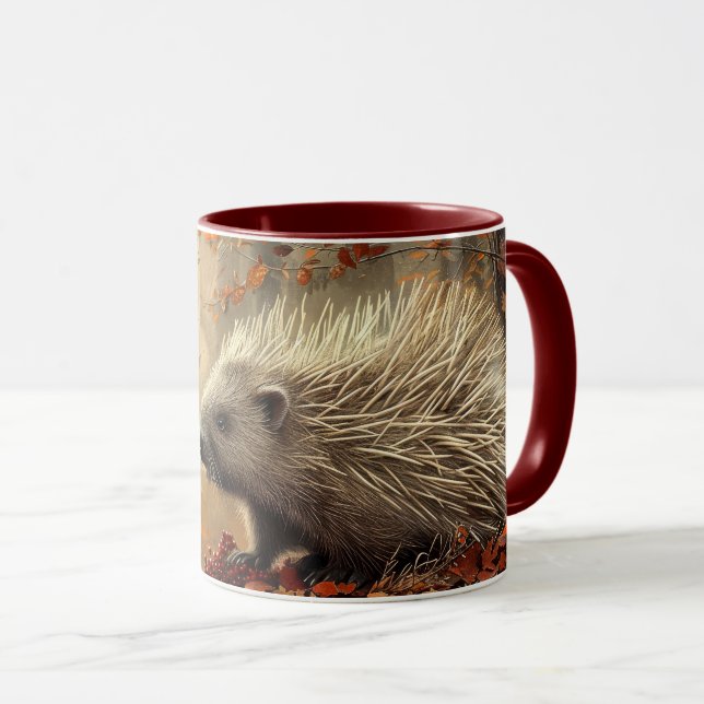 Caneca Vintage Porcupine em Folhas de outono (Frente Esquerda)