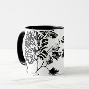 Caneca Vintage preto & branco Toile floral botânico