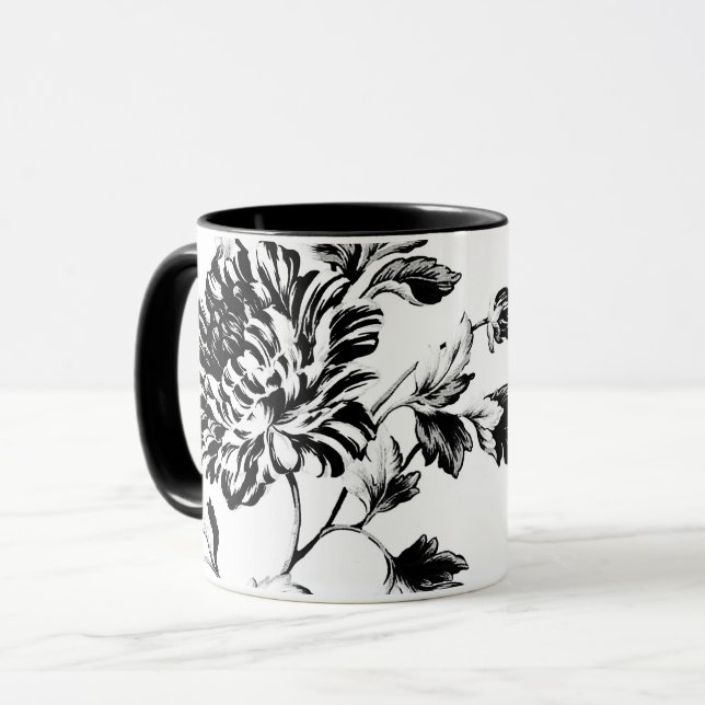 Caneca Vintage preto & branco Toile floral botânico (Frente Esquerda)