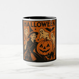 Caneca Vintage/retro cat, fantasma, abóbora e bruxa