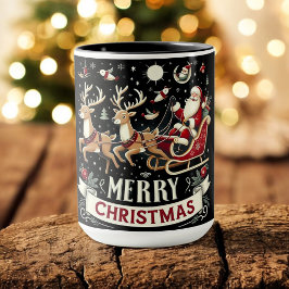 Caneca Vintage Santa & Reindeer Starry Night Christmas