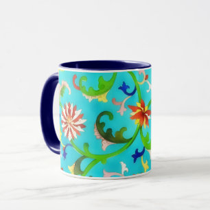 Caneca Vintage Style Floral Teal Art Mug Cup