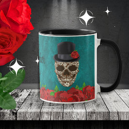Caneca Vintage Top Hat Rosas vermelhas Floral Crânio De A