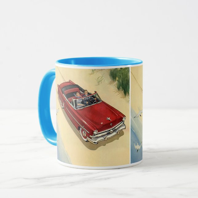 Caneca Vintage Transportation, Red Convertible Car Beach (Frente Esquerda)