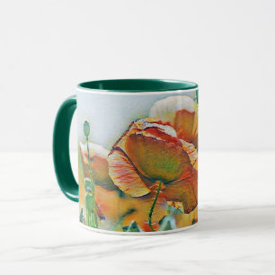 Caneca Vintage Watercolor de Flores de Papoila Verde Lara