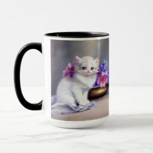 Caneca Vintage White Kitten com Flores Rosa e Púrpura