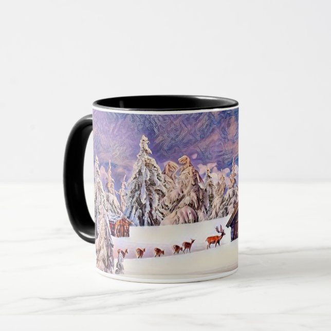 Caneca Vintage Winter Scenerdeer Log Cabin Painting (Frente Esquerda)