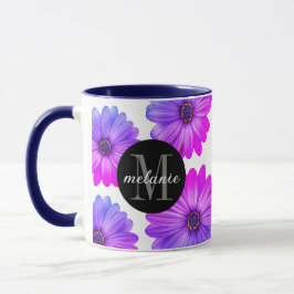 Caneca Violet Fuchsia Daisies adiciona seu nome e inicial