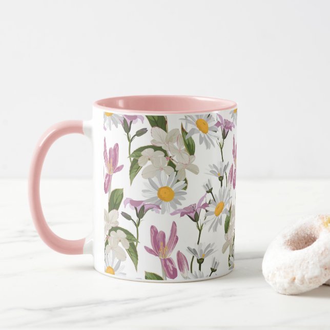 Caneca Violeta rosa margarida tropical e flores silvestre (Com Donut)