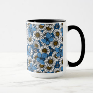 Caneca Visitas, flores brancas silvestres e borboletas az